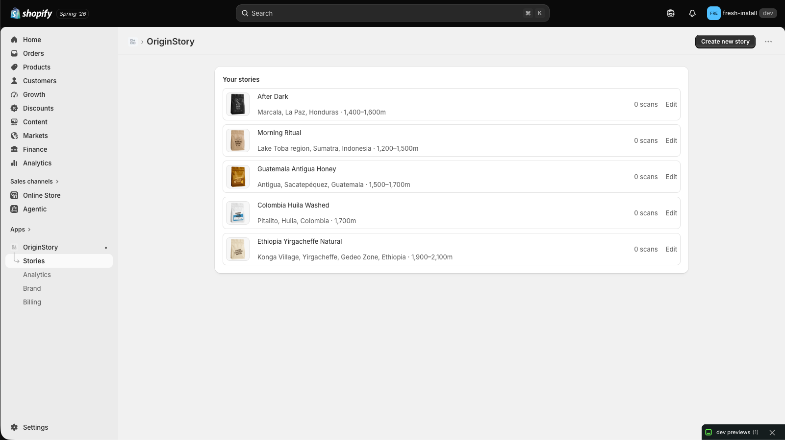 OriginStory Stories admin tab