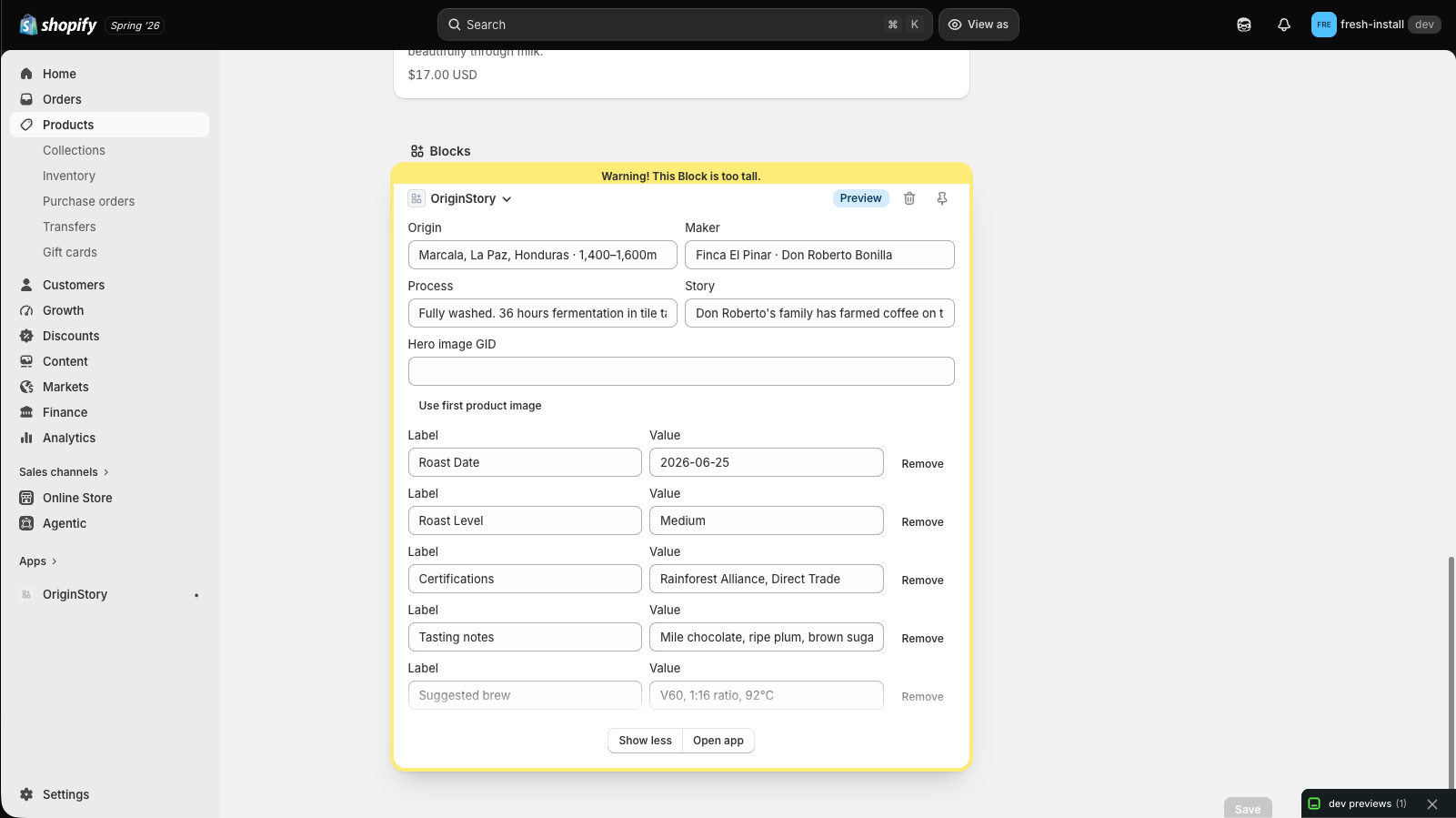OriginStory product detail admin block