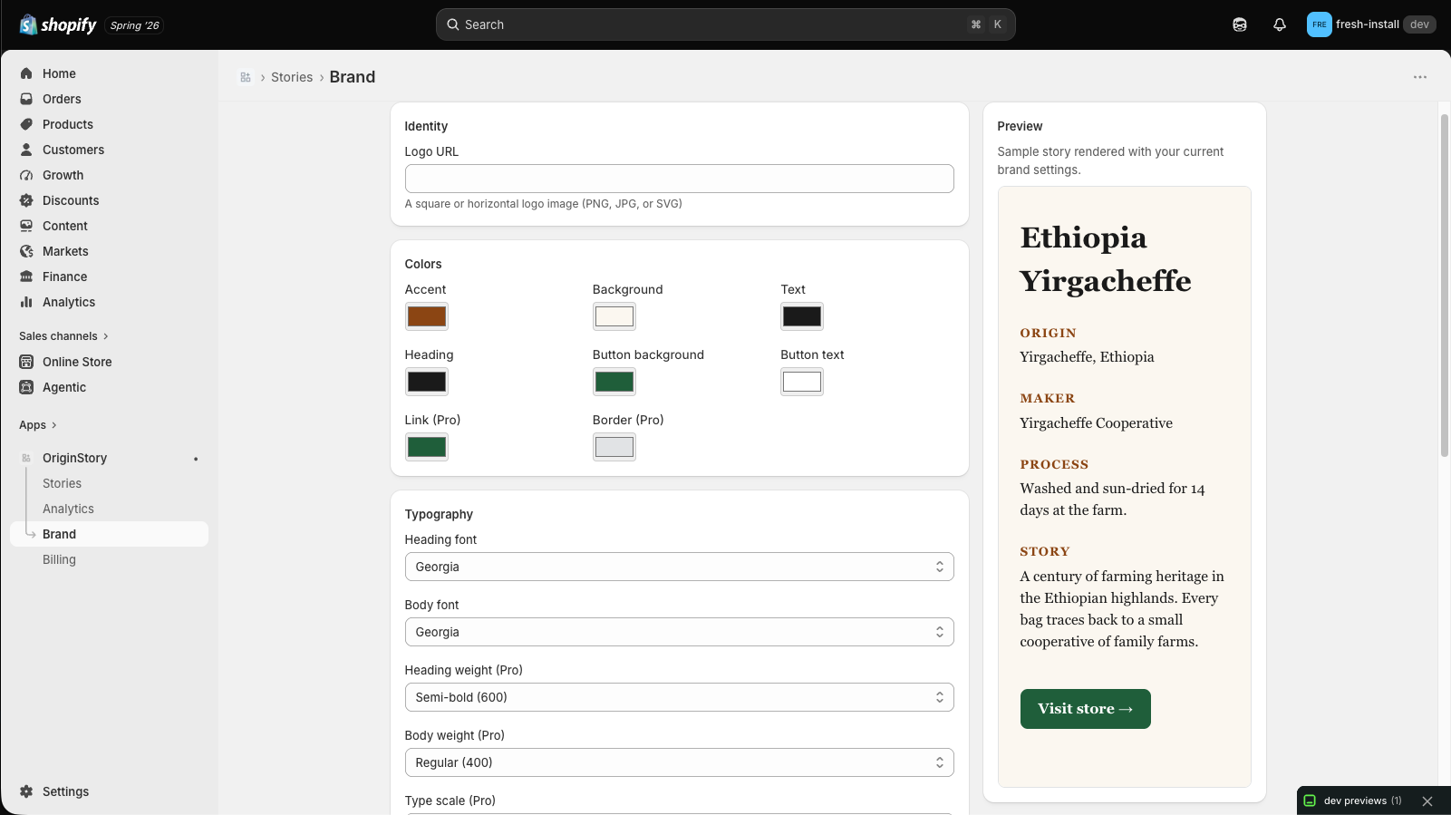 OriginStory Brand styling editor